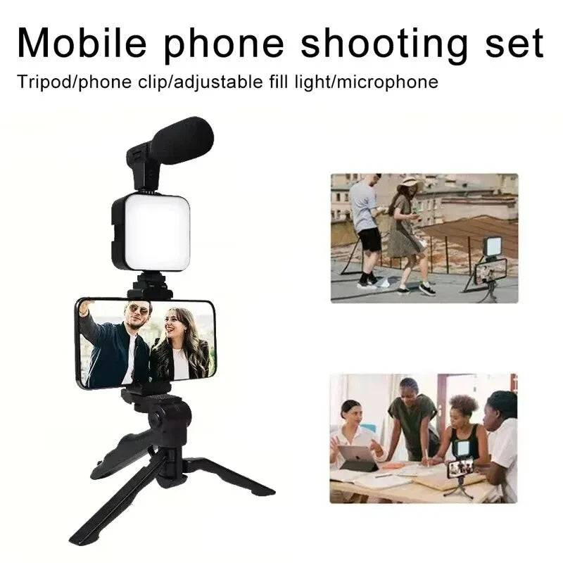 Smartphone Vlogging Kit With Tripod Phone Holder Mini Microphone LED