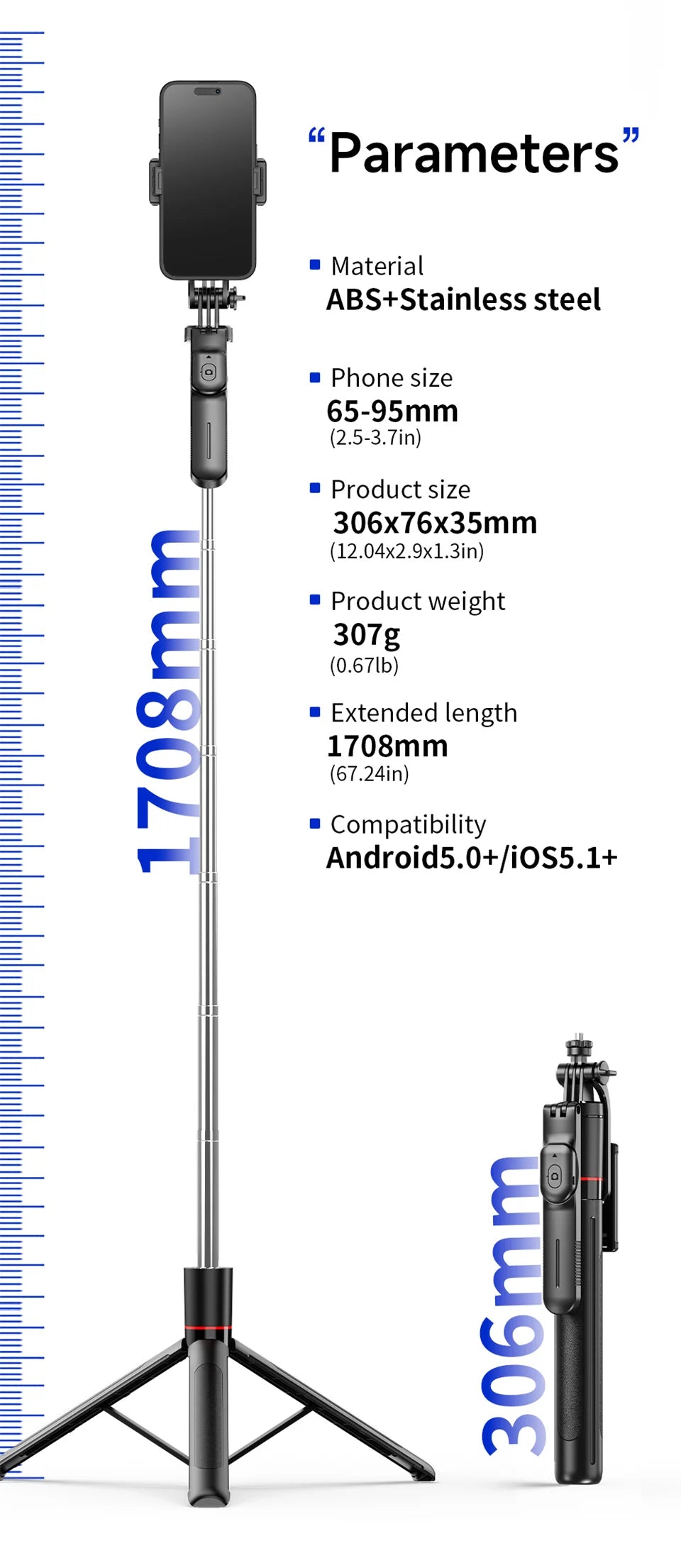 Selfie Stick Tripod with Bluetooth Remote