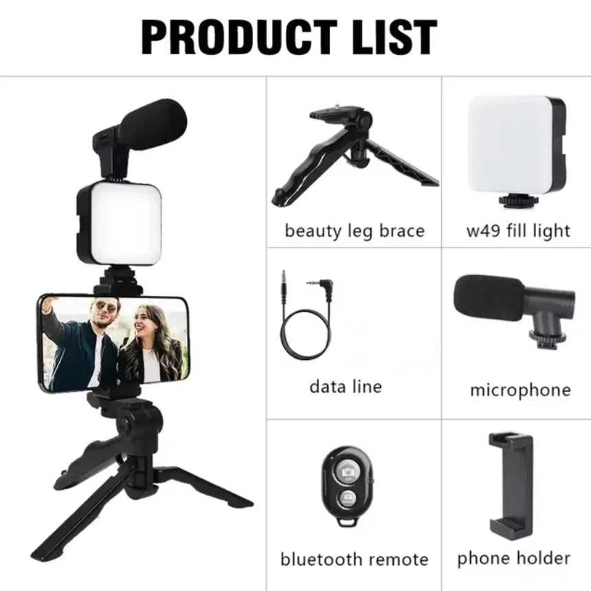 Smartphone Vlogging Kit With Tripod Phone Holder Mini Microphone LED