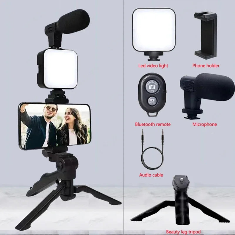 Smartphone Vlogging Kit – Tripod, Phone Holder & Optional Mic + LED Light