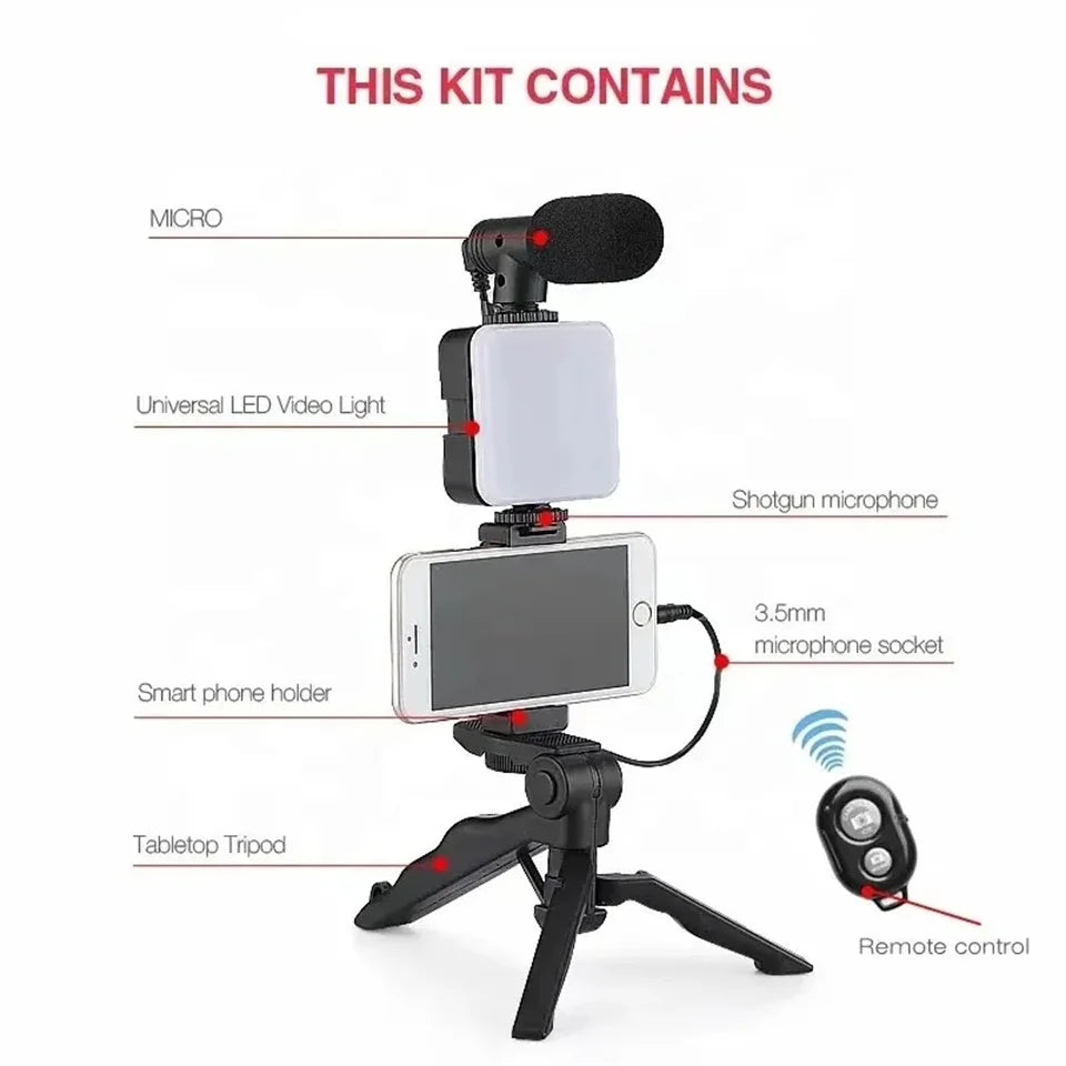 Smartphone Vlogging Kit – Tripod, Phone Holder & Optional Mic + LED Light