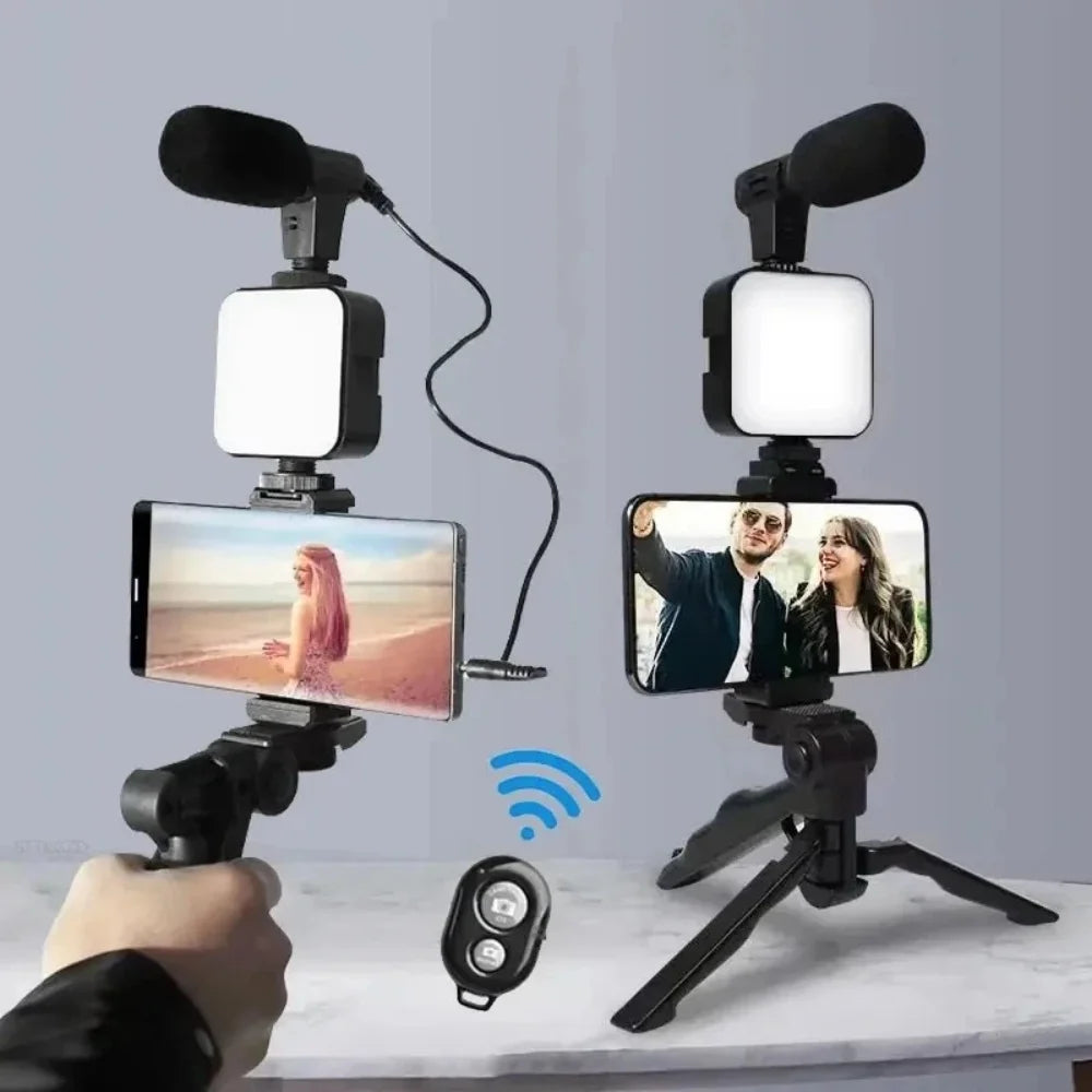 Smartphone Vlogging Kit With Tripod Phone Holder Mini Microphone LED