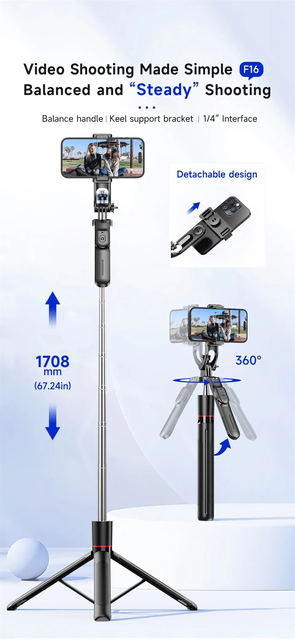 Selfie Stick Tripod with Bluetooth Remote